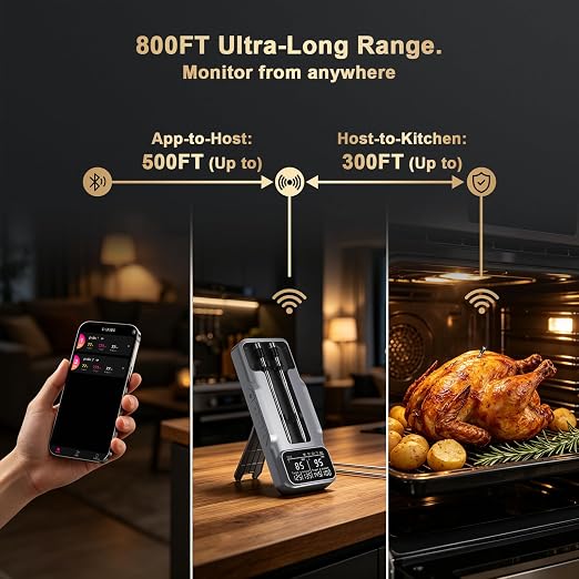Wireless Meat Thermometer Digital - 800FT Bluetooth Food Thermometer for Cooking, NIST Certified Accuracy, Standalone Base Dual Probes for Grill BBQ Oven Smoker