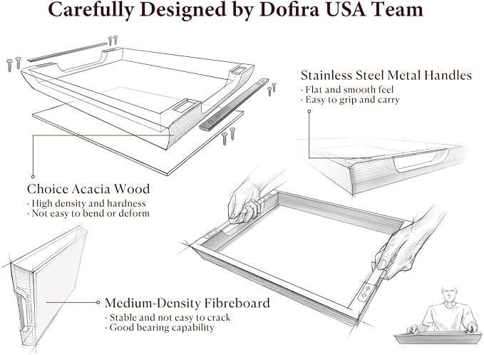 Acacia Wood Serving Tray, 15×10in Tray for Ottoman, Space-Saving | Coffee Tray with Metal Handles, Rustic Wooden Breakfast and Drink Tray, Perfect for Sofa Arms, Bedside Tables, or Office Desk