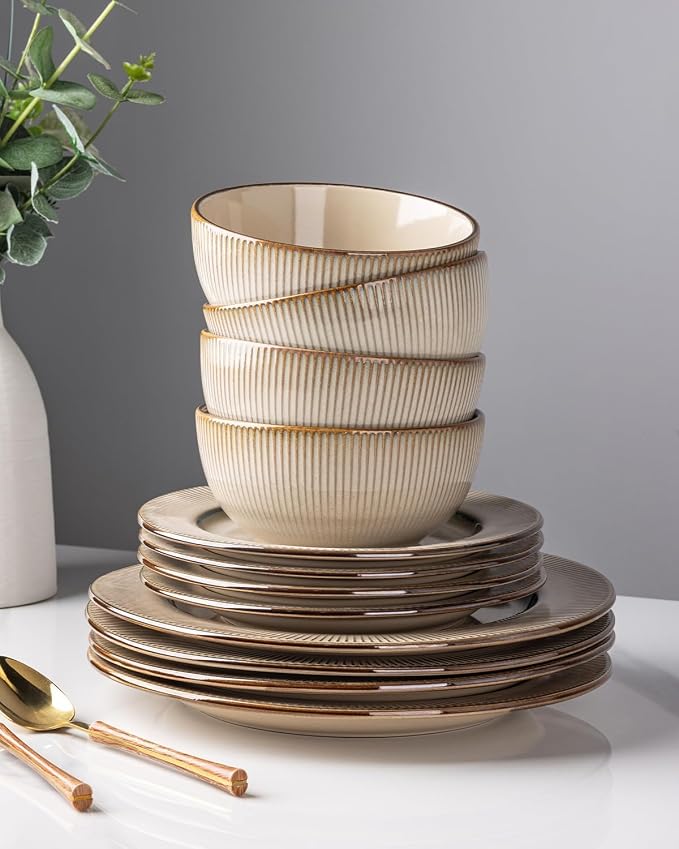 GBHOME Ceramic Dinnerware Sets of 8,24 pcs Plates and Bowls Sets Dishes | Embossed Elegant Stoneware Dishes Set | Dishwasher & Microwave Safe | Service for 4