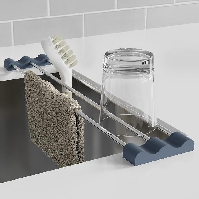 Tomorotec Adjustable Over-The-Sink Kitchen Rack, BPA-Free, Deep Gray | Holds 16.5 Lbs; For Dishcloths, Sponges, and Brushes - Heat-Resistant Stainless Steel with Slim, Expandable Design