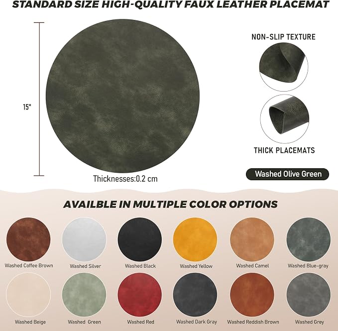 UnivoColors Placemats Round Faux Leather Placemats Set of 6-Waterproof-Wipe Clean-Heat Resistant-Anti Slip Dining Table Place Mats,Suitable for Indoor & Outdoor Use,15".Retro Olive Green