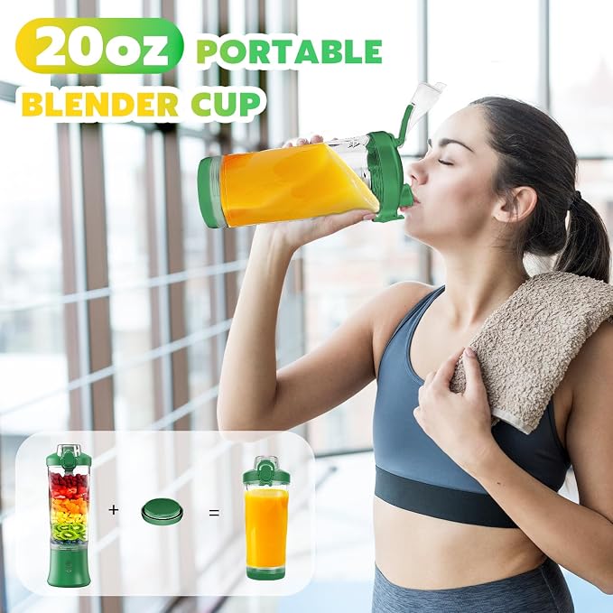 Portable Blender Personal Juicer for Shakes Smoothies with Insulated Sleeve | 20 Oz Electric Protein Shaker Bottle, Travel Lid, USB-C Rechargeable, Mini Small Cordless Blender Cup for Kitchen Travel Gym