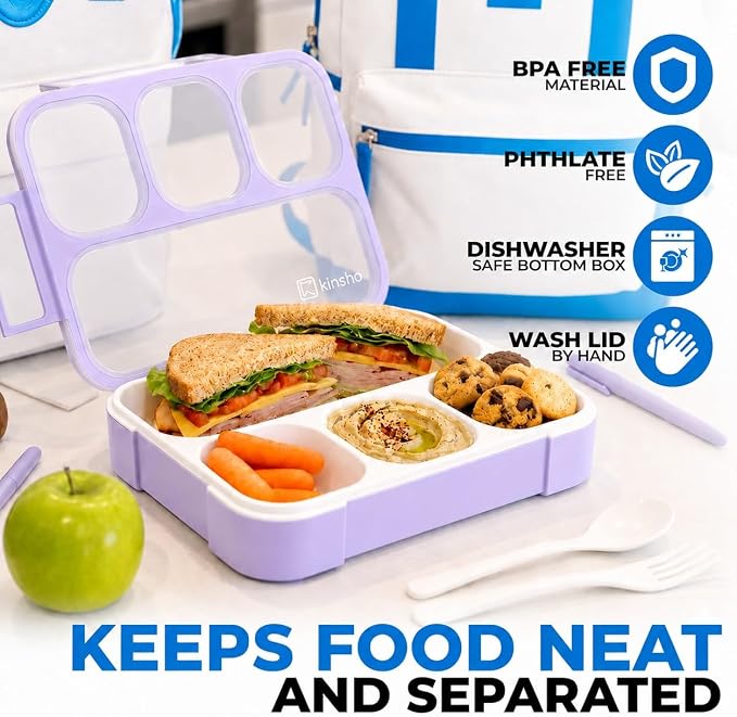 Bento Lunch Box for Kids or Adults, Snack Containers for Boys, Girls, School Daycare Work, 3 & 4 Divided Compartments Meal Planning Portion Control, BPA-Free Boxes, Utensils | Blue Purple 2 Pack