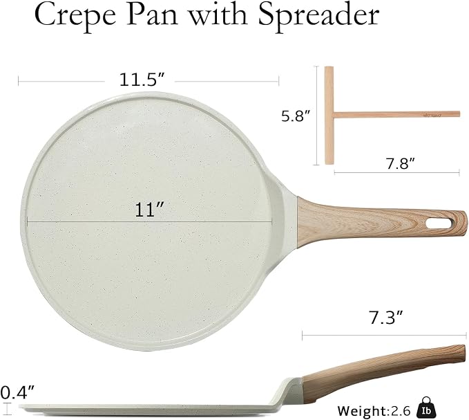 ESLITE LIFE 11 Inch Crepe Pan with Spreader, Nonstick Ceramic Coating Dosa Pan, Roti Tawa Comal Para Tortillas Pancake Griddle Pan, Induction Compatible, PTFE & PFOA Free, White