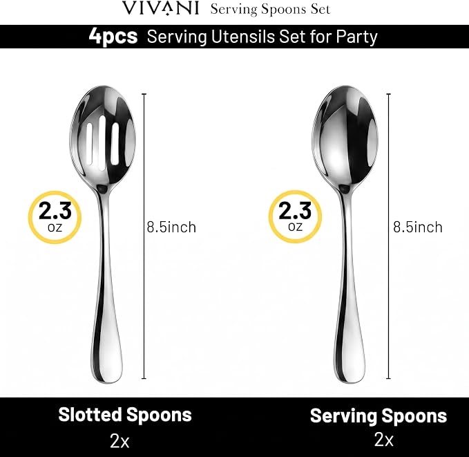 VIVANI 4-Piece Serving Spoons Set, 8.5-Inch Serving Spoon and Slotted Spoon | Large Cutlery for Party, Buffet and Catering, Solid Constructions, Mirror Polished, Dishwasher Safe