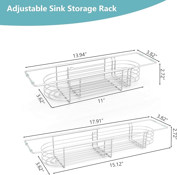 Sink Caddy Sponge Holder Kitchen Sink Organizer Expandable 13.4" to 17.1" | 304 Stainless Steel Telescopic sink organizer rack for kitchen
