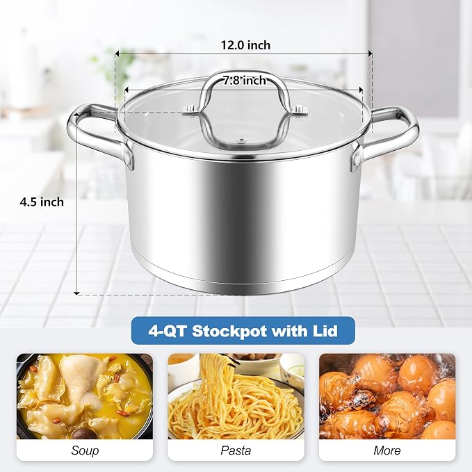 Homikit Stainless Steel Stock Pot 4 Quart, Induction Stockpot with lid for Soup Pasta Sauce Cooking Simmering, Tri-ply Heavy Bottom Compatible with All Stove, Dishwasher Safe