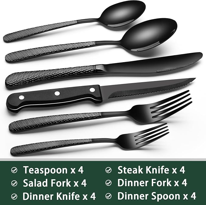 EWFEN 24-Piece Black Silverware Set with Steak Knives, Black Flatware Set for 4, Food-Grade Stainless Steel Tableware Cutlery Set, Mirror Finished Utensil Sets for Home Restaurant, Round Hammered