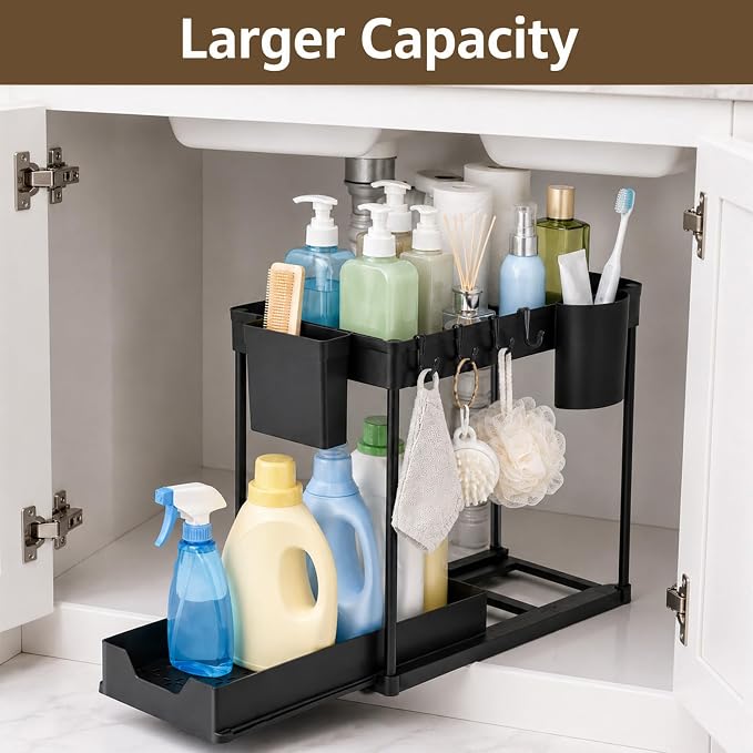 Under Sink Organizer for Bathroom/Kitchen, Large Capacity with Hooks & Cups | Multi-purpose, 2 Tier Pull Out, 4 Hooks & 2 Cups, Size:15.6 x 8.5 x 14.8in, Rust Resistant, Sturdy & Durable