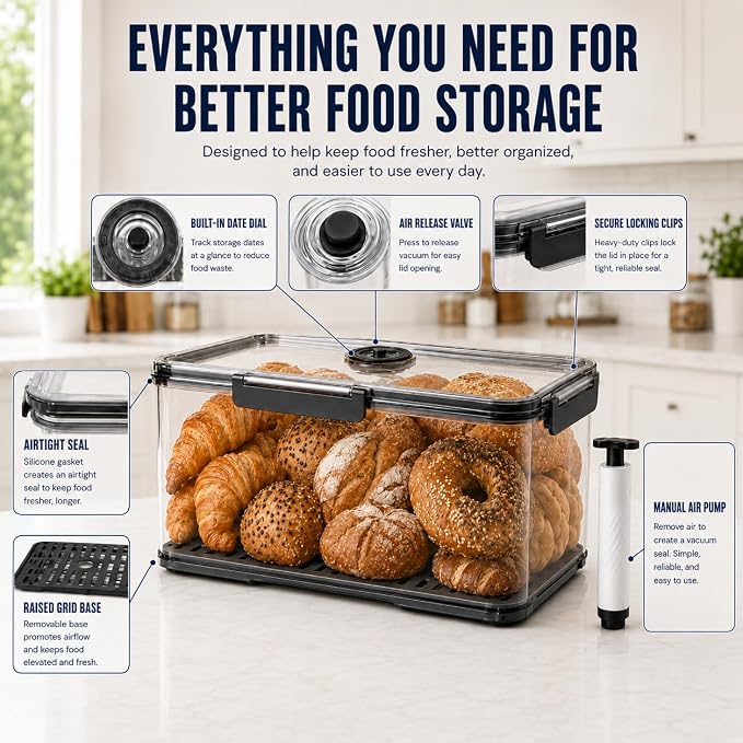 Airtight Bread Box, Sourdough Storage Container, Large 7.5L | Clear BPA-free plastic, manual air pump, date dial, silicone seal and drain tray; for sourdough, large loaves and baked goods