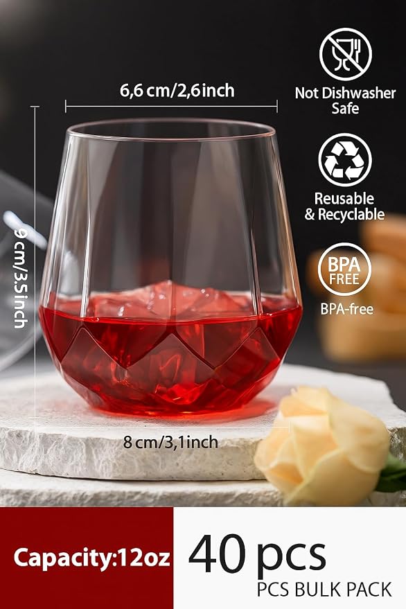 Oojami 40 Pack Disposable Plastic Wine Glasses 12 oz Diamond - Stemless Unbreakable Cocktail Glasses Champagne Wine Cups, BPA-Free Shatterproof Reusable Recyclable for Wedding Birthday Party (Clear)