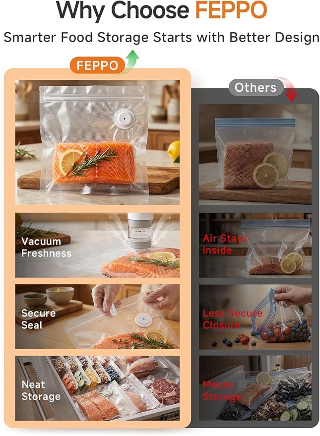 FEPPO Reusable Vacuum Sealer Bags for Food, 20 PCS (10 Medium 8.3"×8.7" + 10 Large 10.2"×11") BPA-Free Food Storage Bags with Air Valve, Leak-Proof & Odor-Resistant for Freshness Preservation