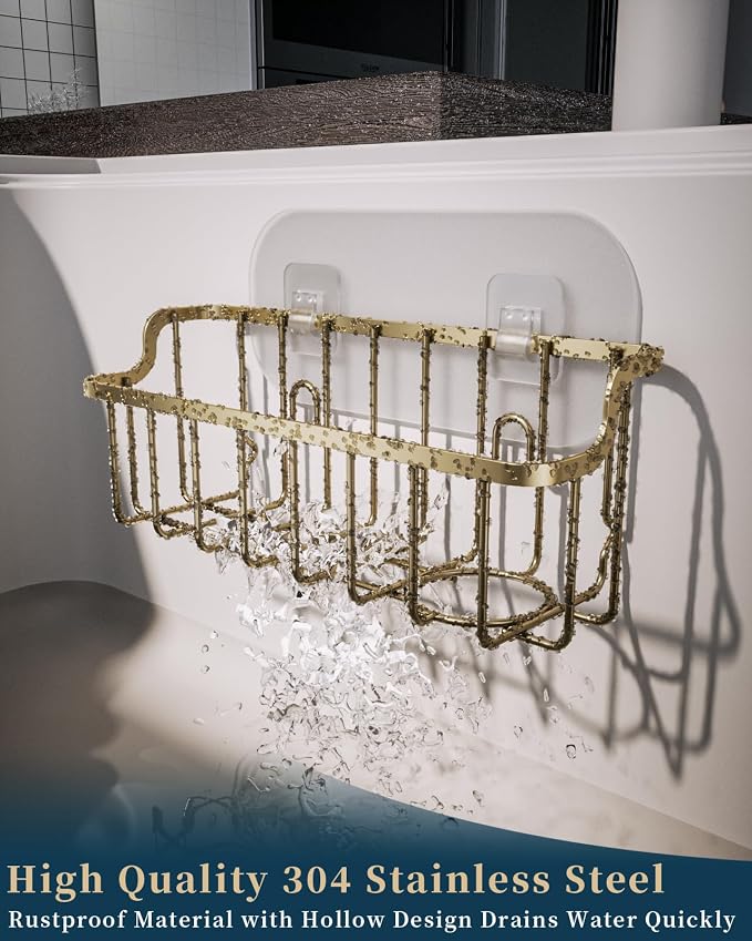 Consumest Sponge Holder Sink Caddy - Ladder Shaped Sponge Holder for Kitchen Sink with 2 Installation Ways (Suction Cups & Adhesive Hook), Rustproof Stainless Steel Kitchen Organizer, Gold