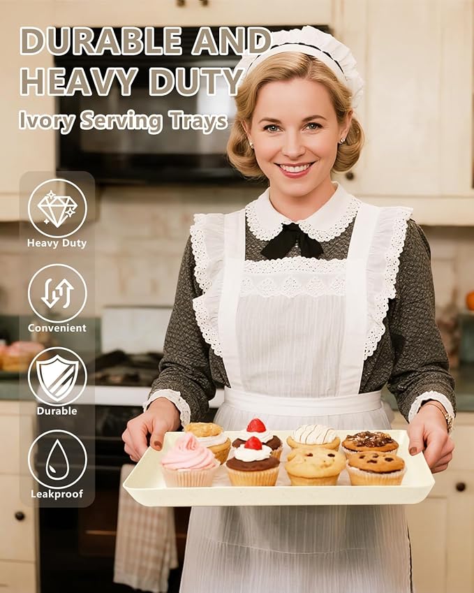 YOUBET 8PCS Ivory Wheat Straw Plastic Serving Trays for Party Wedding | Ivory Wheat Straw Trays for Serving Food - Super Strong Disposable Platters, Heavy Duty Plastic Trays for BBQ, Picnic