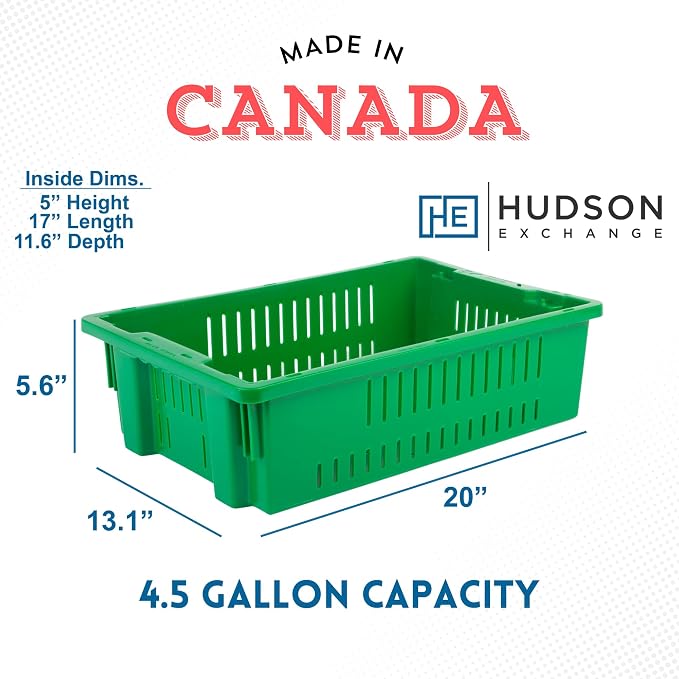 Hudson Exchange 20 x 13 x 5.6" (4 Pack, 4.5 Gallon) Agricultural Nest and Stack Vented Crate Handled Storage Container Tote, Green