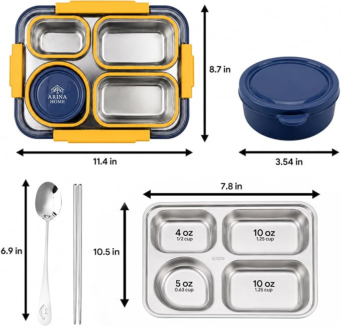 Large 11" x 8" Stainless Steel Bento Lunch Box for Adults with 4 Compartments Leakproof Lid BPA-Free 304 Stainless Steel Food Container That Keeps Food Separate,Ideal for Office and Travel use,Yellow