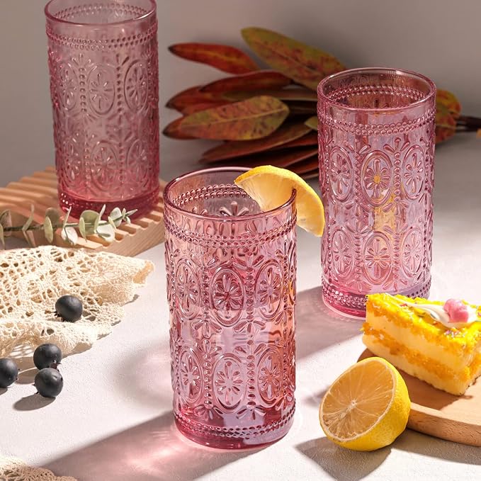 Darlion Vintage Glassware, Pink Glasses Drinking, 12oz Highball Glasses | Lead-Free Glass, Food Grade Glass, Durable&Sturdy, Vintage Decoration