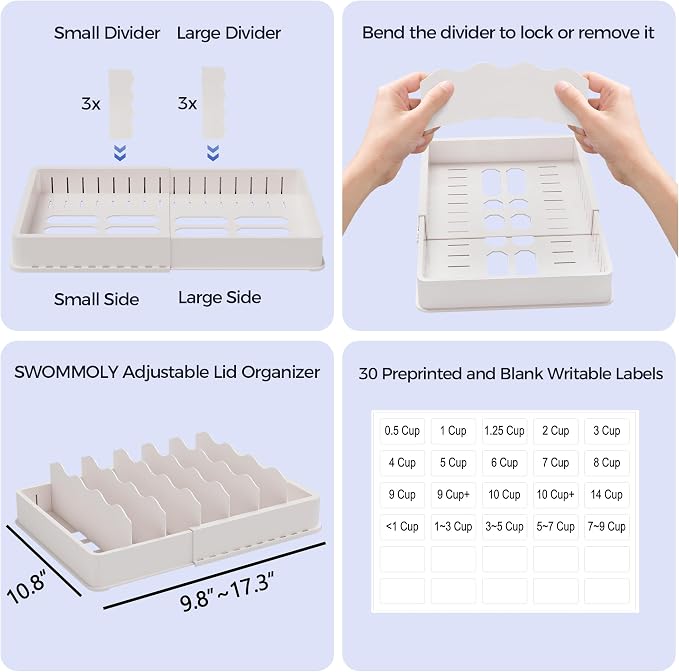 SWOMMOLY Expandable Food Container Lid Organizer for Kitchen Cabinet | Expands 9.8" to 17.3", Lid Holder with 6 Adjustable Dividers, 30 Writable Labels for Cabinets, Drawers and Pantry Storage