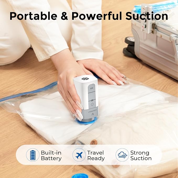 ETENWOLF 12 Combo Vacuum Storage Bags for Travel with Wireless Pump | Vacuum Seal Bags for Clothing Travel, Compression Packing Bags for Clothes and Blankets, Space Saver Bags in Carry-On Sizes