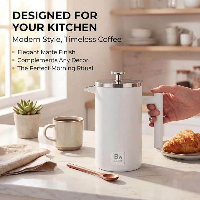 Barista Warrior French Press Coffee Maker - Double-Wall Stainless Steel Insulated French Press with Built-In Thermometer, Dual Filters Coffee Maker with Wooden Spoon - White