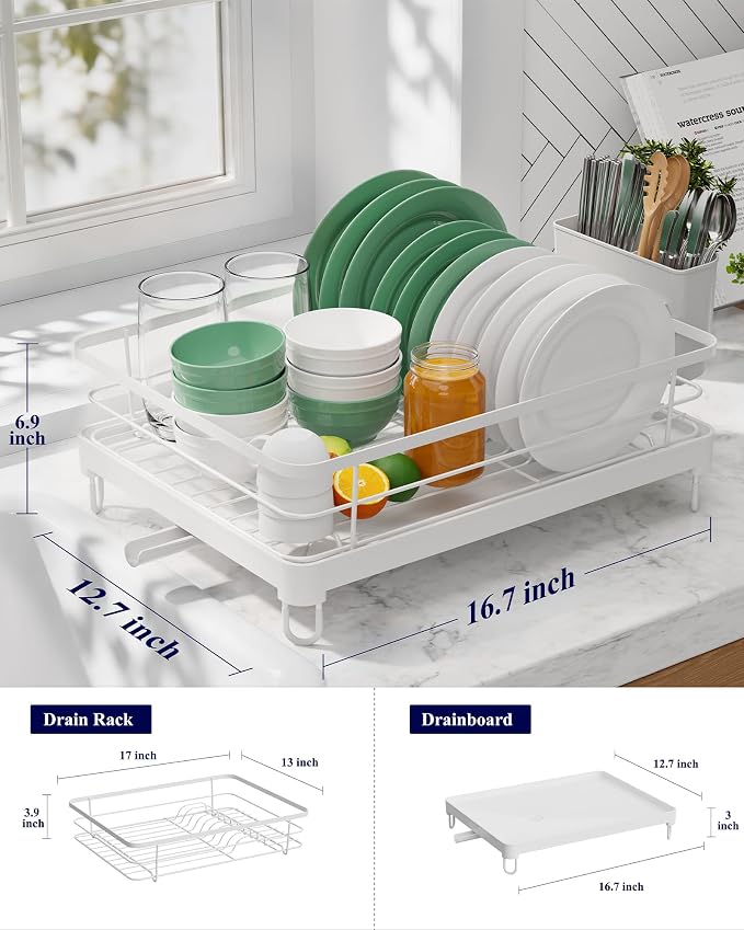Kitsure Dish Drying Rack for Kitchen Counter, 12.7''W x 16.7''L, White | Stainless Steel Sink Organization, Cutlery Holder, Home and Appartment Decor