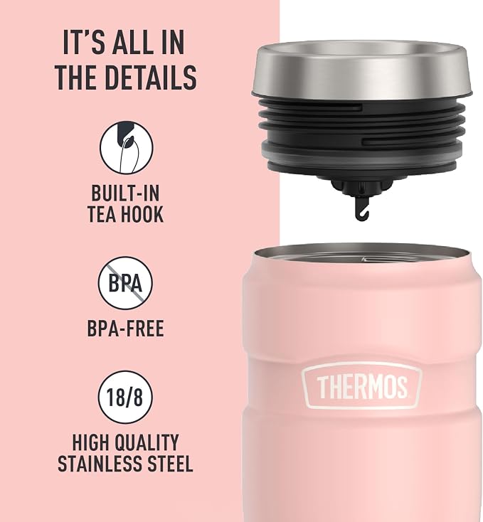 THERMOS Stainless King Stainless Steel Tumbler, 16oz, Matte Pink | Vacuum-Insulated Coffee Tumbler for Hot & Cold Drinks, For Commuting & Traveling