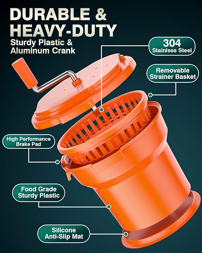 WantJoin Commercial Salad Spinner - [6 Gallon Salad Dryer] w/Silicone [Anti-slip Mat] & [Draining Hose], 24Qt Manual Salad Spinner for up to 7 Heads of Lettuce Spinner Large for Catering, Orange