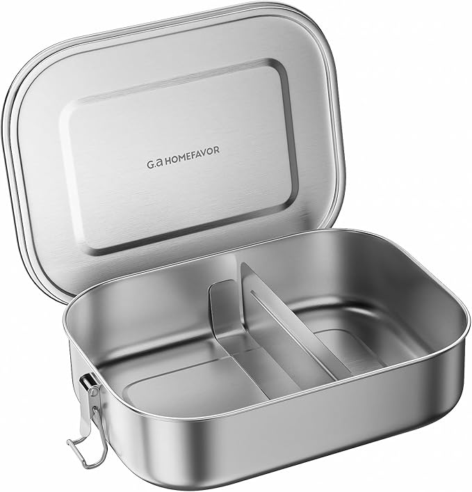G.a HOMEFAVOR Stainless Steel Bento Lunch Box, 2-Compartment, 1200 ml/40 oz | Leak-Proof, Dishwasher Safe, BPA-Free, with Lock Clips, Meal Prep, Large Food Container, for Adults