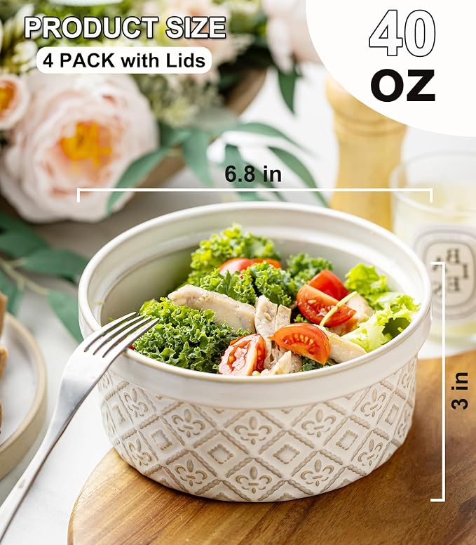 40 Oz Ramekins Ceramic Airtight Bowls Set of 4 - Large Mixing Bowls with Lids Set for Salad, Pho, Soup, Pasta, Dessert, Serving, Oatmeal, Baking Dishes, Dishwasher & Microwave Safe, Beige