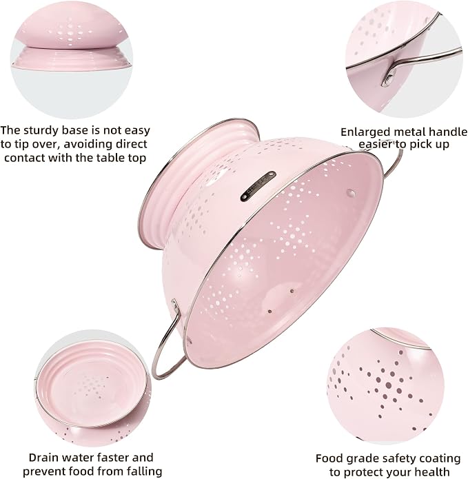 Metal Colander 2 Pack, Strainer Bowel with Handles 2Qt & 6Qt Powder Coated Solid Ring Base Heavey Duty Kitchen Drainer Basket for Pasta Veggies and Fruits,New Home Apartment Essentials (Pink)