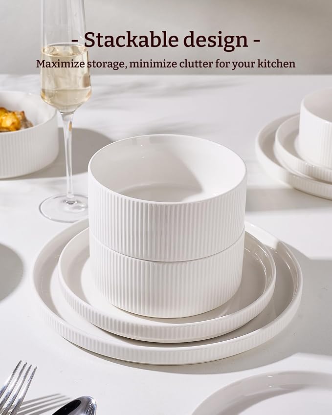 Line Porcelain Dinnerware Set, dish set for 6, White | Premium dinnerware set, chip-resistant & durable. Safe for dishwasher, microwave, oven. For daily meals to festive feasts