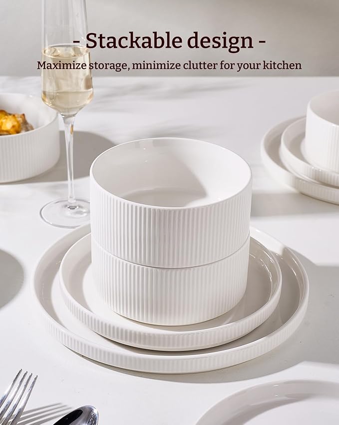 Line Porcelain Dinnerware Set, dish set for 4, White | Premium dinnerware set, chip-resistant & durable. Safe for dishwasher, microwave, oven. For daily meals to festive feasts