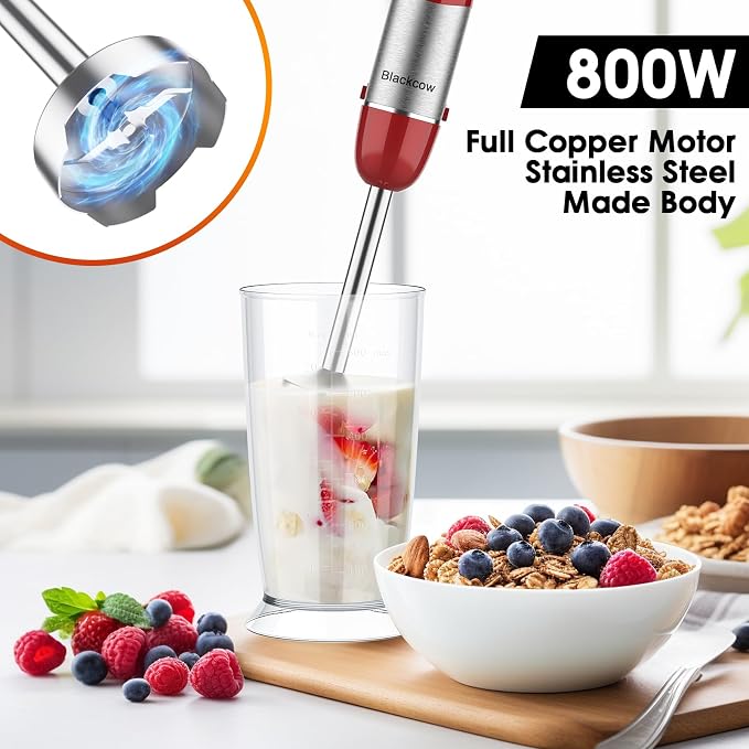 Blackcow Immersion Blender Handheld, Corded Hand Blenders Set 800W, 12 Speed Stick Blender 5 in 1 Stick Emulsifier with Chopper, Whisk and Frother for Soup, Baby Food and Smoothies, Red