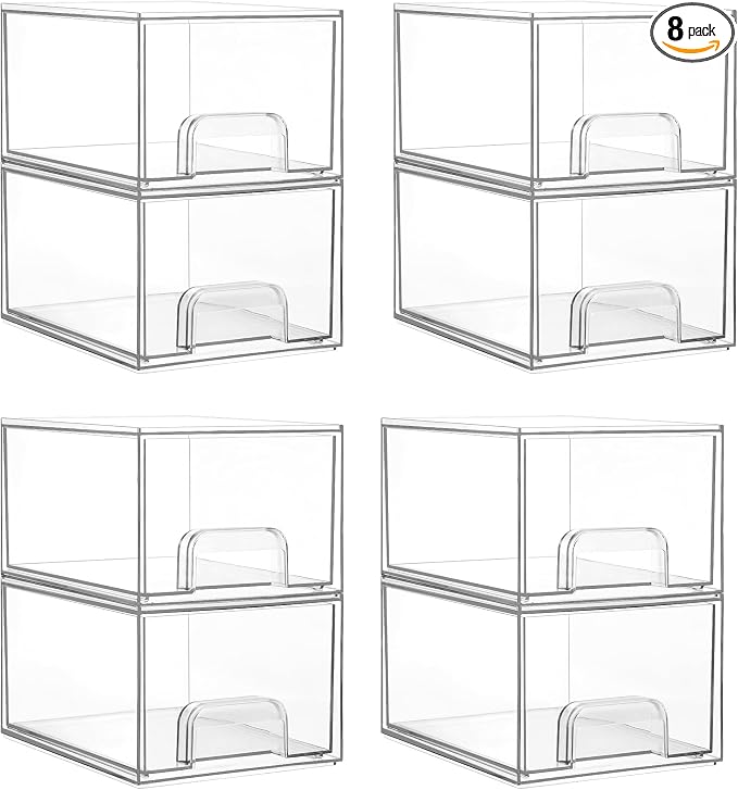 Vtopmart 8 Pack Small Clear Stackable Storage Drawers | Plastic Bins, Bathroom Makeup Organizer, For Vanity, Undersink, Kitchen Cabinets, Pantry, Home Organization
