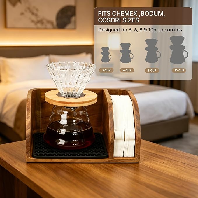 Acacia Coffee Caddy Station Organizer Stand for Chemex Pour Over Maker | Wood Coffee Filter Holder Storage for Countertop, Coffee Bar for Pour Over Chemex Bodum Cosori Coffee Maker with Dripper Mat