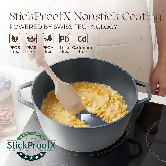 PRICUSIS Ceramic Nonstick Stock Pot with Silicone Rim Glass Lid, 4.5/7 QT Soup Pot Casserole, Cooking Pot, Induction Compatible, Dishwasher & Oven Safe, Ideal for Pasta, Bake & Stews, Blueberry Gray