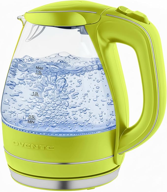 OVENTE 1.5L Glass Electric Kettle Water Boiler, Green KG83G | 1100W Fast Boiling, Borosilicate Glass, BPA-Free, Blue LED, Auto Shut-Off, Boil-Dry Protection, Removable Filter, 360° Base