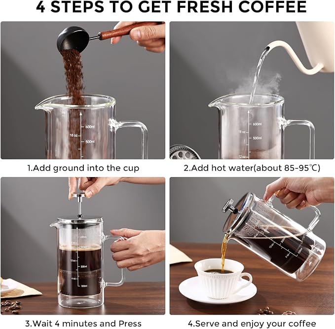 Bincoo French Press Coffee Maker 600ML,Double Wall Insulated Borolicate Glass French Press for Tea and Frothed Milk Press