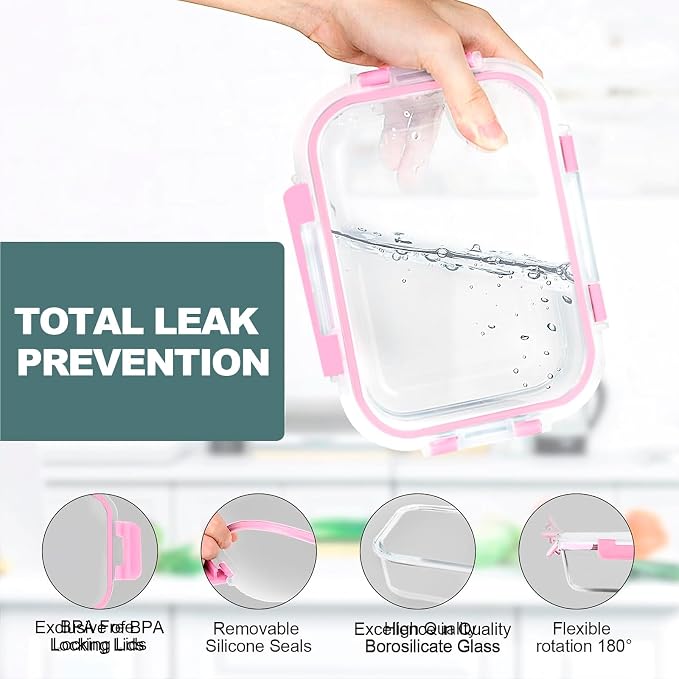 VERONES 10 PACK Glass Meal Prep Containers Set with Lids, Pink | Airtight & Stackable Glass Food Storage Containers Set with Lids, for Microwave, Oven, Freezer & Dishwasher Friendly