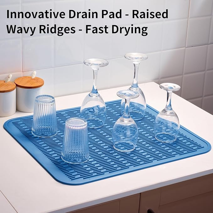 ZLR Oversized Silicone Dish Drying Mat for Kitchen, 16"x18", Lichen Blue | Family-Size Drainboard for Pots & Pans, Thick 4mm No-Curl, Heat-Resistant Trivet to 450°F, Non-Slip, Rolls to Store