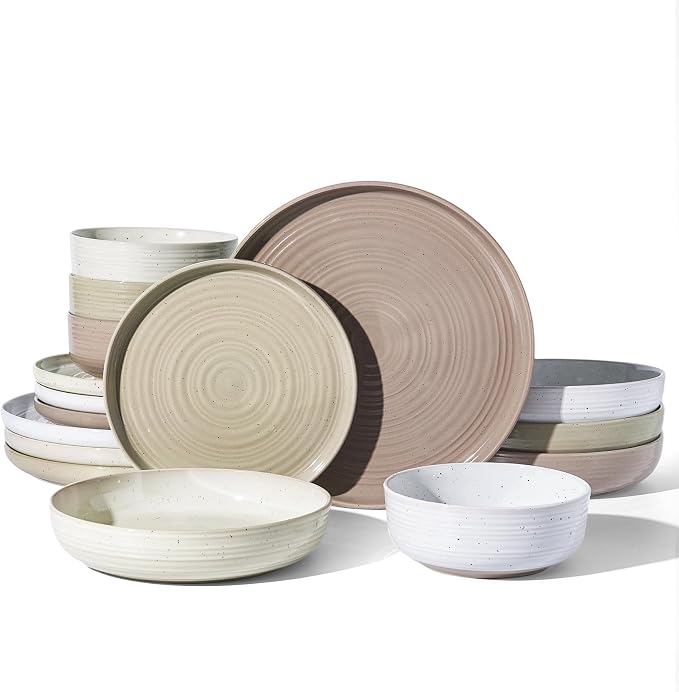 Stoneware Dinnerware Sets with Pasta Bowls, Service for 4 | 16-Piece Ceramic Plates and Bowls, Speckled Spiral Dishes, Chip & Scratch Resistant, Microwave & Dishwasher Safe, Multicolor