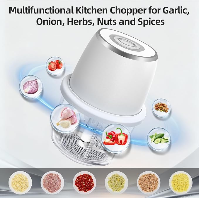 Electric Garlic Chopper With Glass Bowl Cordless Mini Food Processor（White） | BPA-Free Glass Bowl 6-Blade Cutting Cordless & USB Rechargeabl Garlic Chopper Mini Chopper for Onion Herb Nut Easy to Clean
