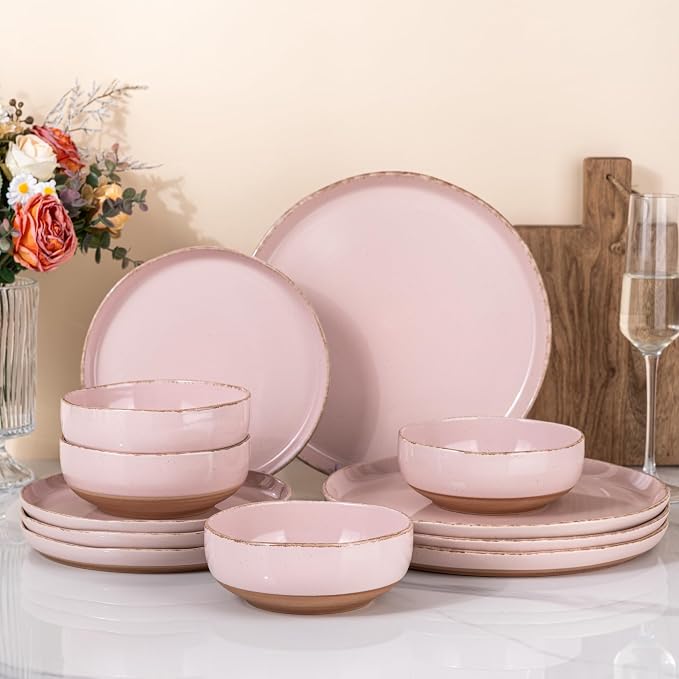 AmorArc Dinnerware Sets for 4, 12 Pieces Ceramic Plates and Bowls Set | Scratch Resistant Stoneware Dishes Set, Dishwasher & Microwave Safe, Cloud Pink