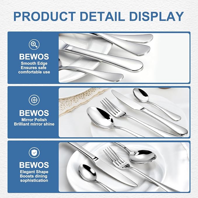 BEWOS Silverware Set for 4-20 Piece Stainless Steel Flatware Set with Spoons, Forks, Knives, Heavy Duty Mirror Polished Flatware for Home, Kitchen, Restaurant, Dishwasher Safe