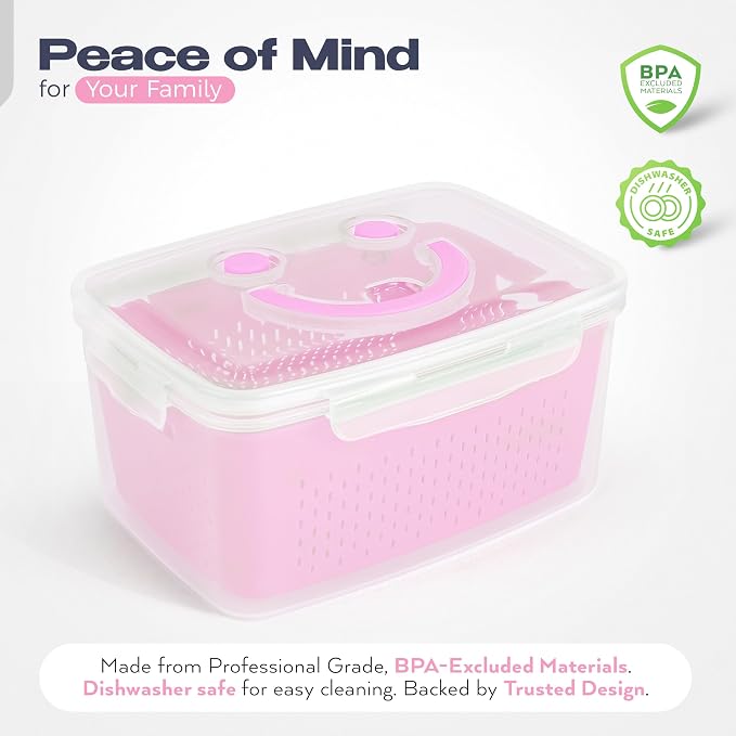 Fruit Storage Containers for Fridge - Set of 4 - Airtight Lid Keeps Fresh - For Fruit & Vegetable Storage - Space-Saving Design - Ideal for Produce, Berries, Snacks - Pink