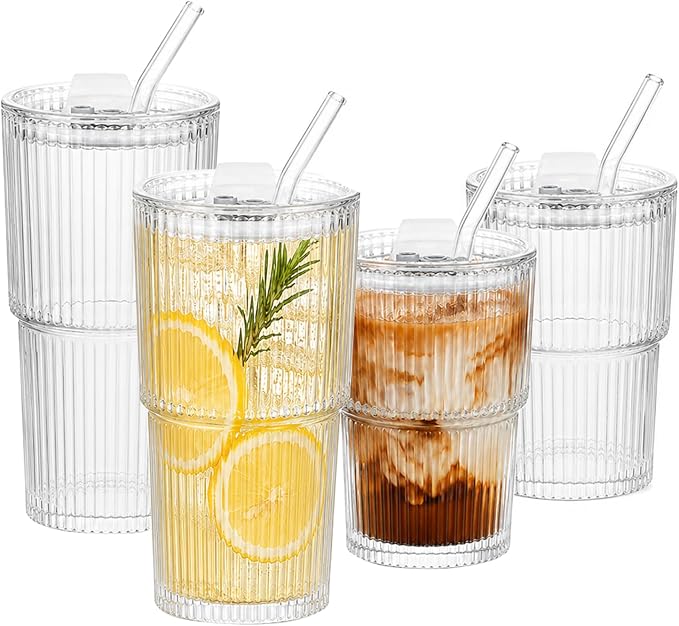 Ribbed Glass Tumbler Drinking Glasses with Lids & Straws, Leak-Proof 20oz and 15oz Glass Cups, 4PCS Glass Tumblers, Ideal for Home, Office, Outdoor Use