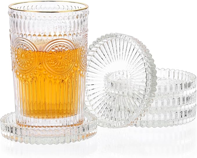 Modern Clear Coaster Set of 5- Glass Coasters for Drinks, Crystal Clear | Crystal Coasters Round Cup Mat Coffee Table Decor for Office, Kitchen, Bar, Dining Room, Living Room, Patio