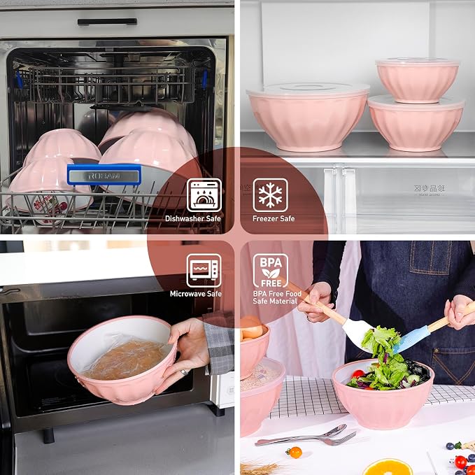 BoxedHome Mixing Bowls with Lids Set, 8 pieces Large 0.2” Thick Plastic Nesting Mixing Bowl, Microwave Safe,Size 5.92, 4.12,3.06,1.80 Quart, Pink