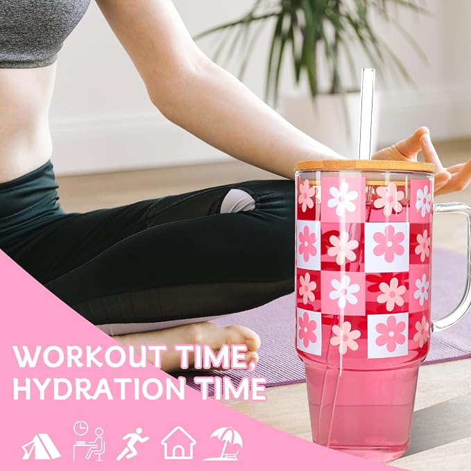 ANOTION Birthday Pink Glass Cup with Handle Gift Box for Women | Coquette Gift Basket for Her, Glass Cup with Handle, Fuzzy Socks, Knitted Coaster, Plush Bouquet