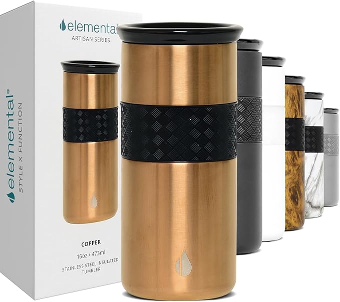 Elemental Artisan 16oz Triple-Wall Insulated Coffee Tumbler w/Ceramic Lid | Triple Wall Coffee Travel Mug, Reusable Stainless Steel Coffee Tumbler; Thermal Coffee Cups for Hot (6 Hrs) & Cold (18 Hrs)